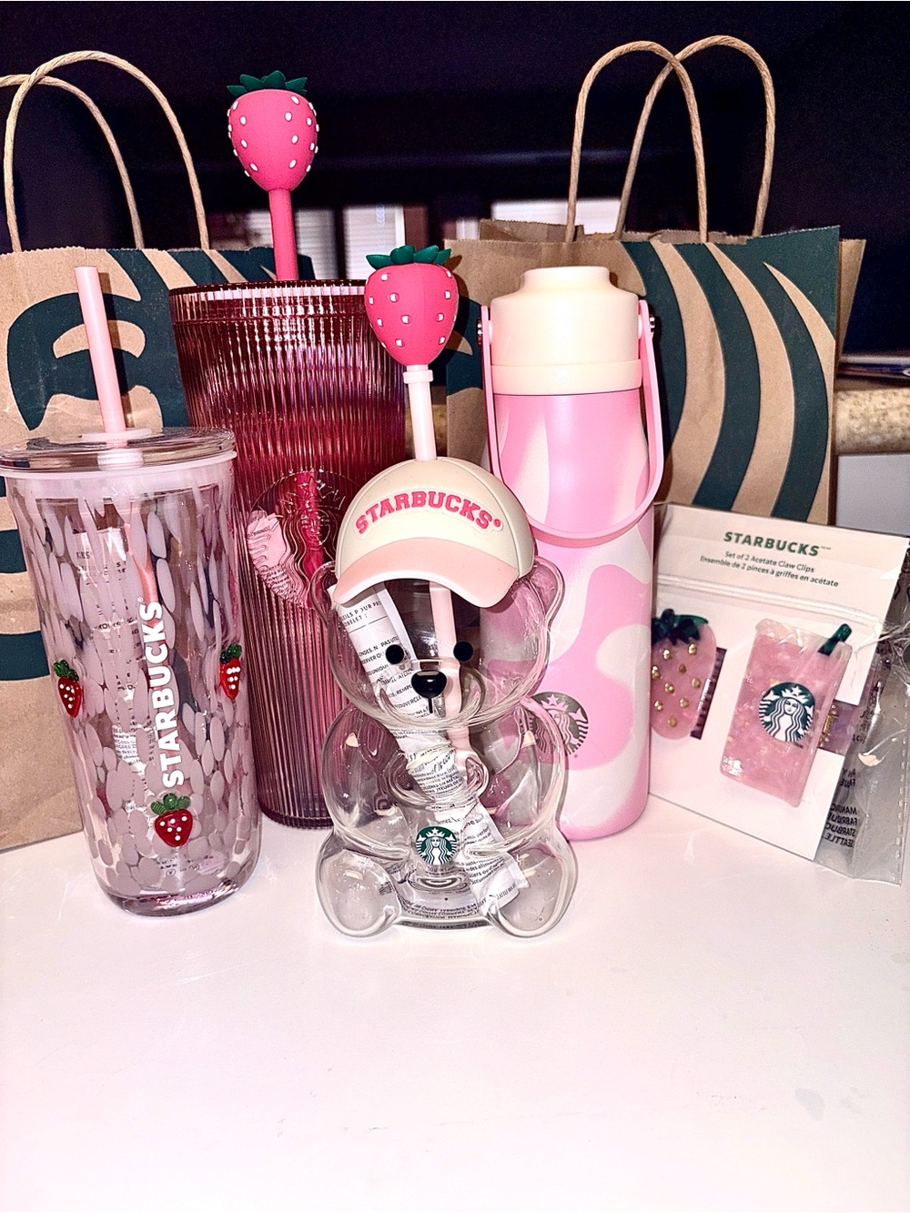 5PC Starbucks Pink Vibes Limited Edition Bundle: Bearista, 3 Tumblers, 2 hair 🎀